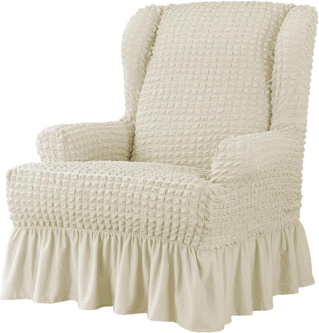 Stretch Wing Chair Slipcovers 1 Piece, Seersucker Fabric Armchair Covers with Skirt Elegant Ruffle, Living Room Sofa Slipcover Furniture Protector-Beige-1 Piece