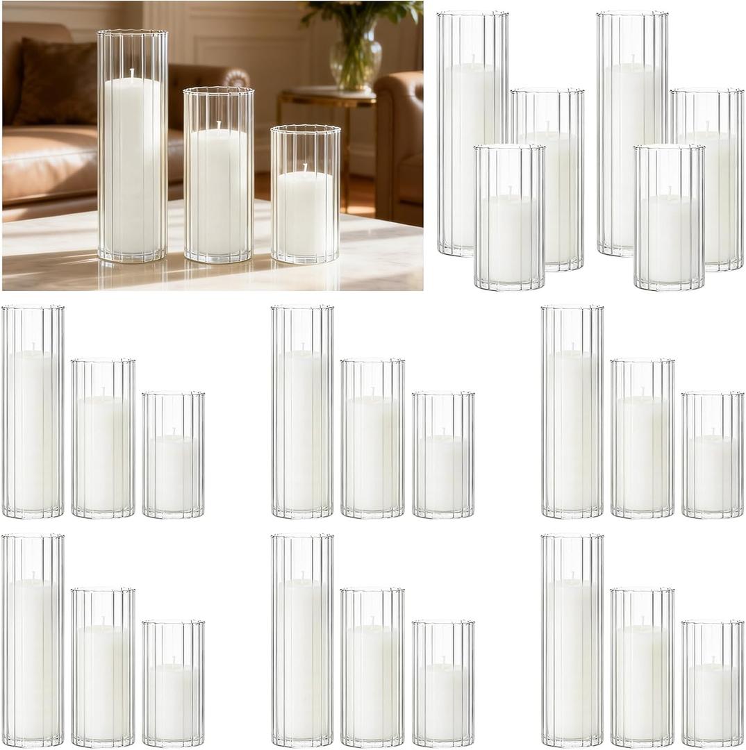 48 PCS White Pillar Candles and Ribbed Glass Cylinder Vases, 24+24