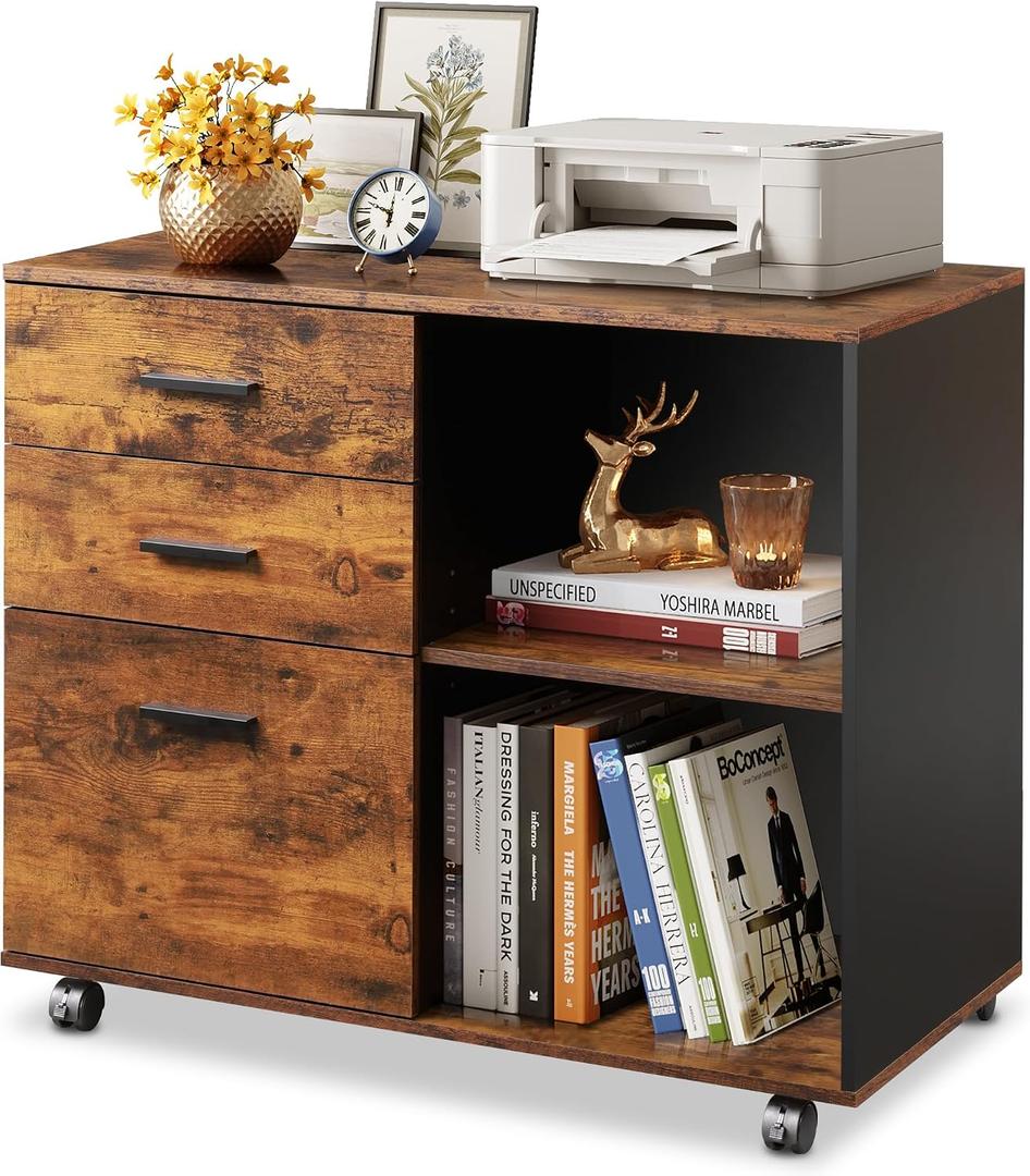 DEVAISE 3 Drawer Mobile File Cabinet, Wood Lateral Filing Cabinet, Printer Stand with Open Shelves for Home Office, Rustic Brown, 31.5" W X 15.7" D X 23.6" H