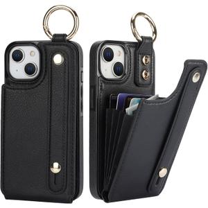 Folosu for iPhone 13/14 Wallet Case with Card Holder, Hand Wrist Strap Loop Holder Kickstand, RFID Blocking Finger Grip Ring PU Leather Double Buttons Shockproof Cover 6.1" Black