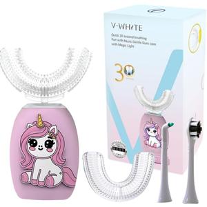 V-WHITE Kids Auto Brush Ultrasonic U-Shaped Toothbrush 360 Teeth Cleaning, Hands-Free Electric Autobrush for Kids Gum Protection, Waterproof IPX7, Wireless Charging (Pink)