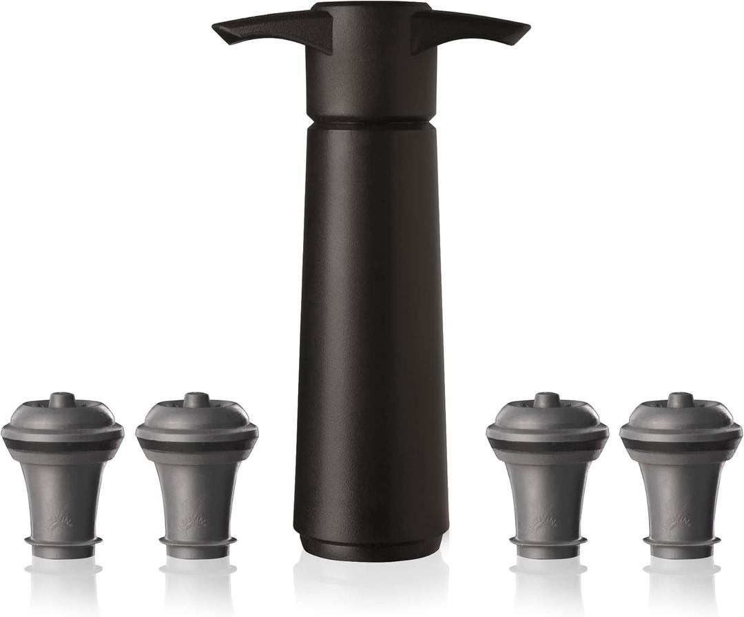 Vacu Vin Original Saver with 4 Vacuum Bottle Stoppers Black Preserver Pump for Red or White Manual Air Remover System Airtight Seal Keep Fresh Longer