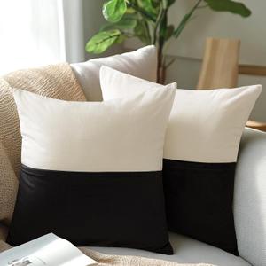XWZO Velvet Throw Pillow Covers Decorative 18x18 Inch Pillow Covers, Soft Beige Black Pillowcases for Couch, Square Accent Pocket Design Cushion Covers for Living Room Sofa Bed Home Decor, Set of 2