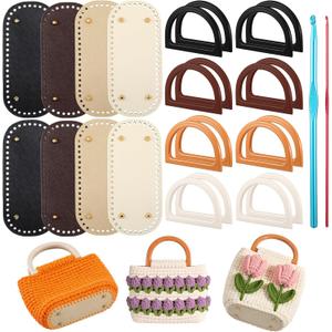 AOZUO 8+16 Pcs Bag Bases for Crochet with D Shape Purse Handles and 2 Pcs Crochet Hooks for Bag Making, 4 Colors Leather Purse Oval Bottoms for Crocheting DIY Bags Knitting