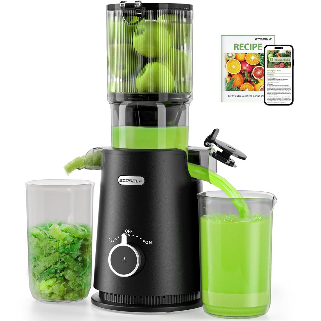 ECOSELF Juicer Machines - Wide Mouth Feed Chute For Fruits and Leafy Greens - Juice Extractor Machine With Self Feeding & Hands-Free Design For Family - Cold Press Juicer Easy to Clean（With Brush）