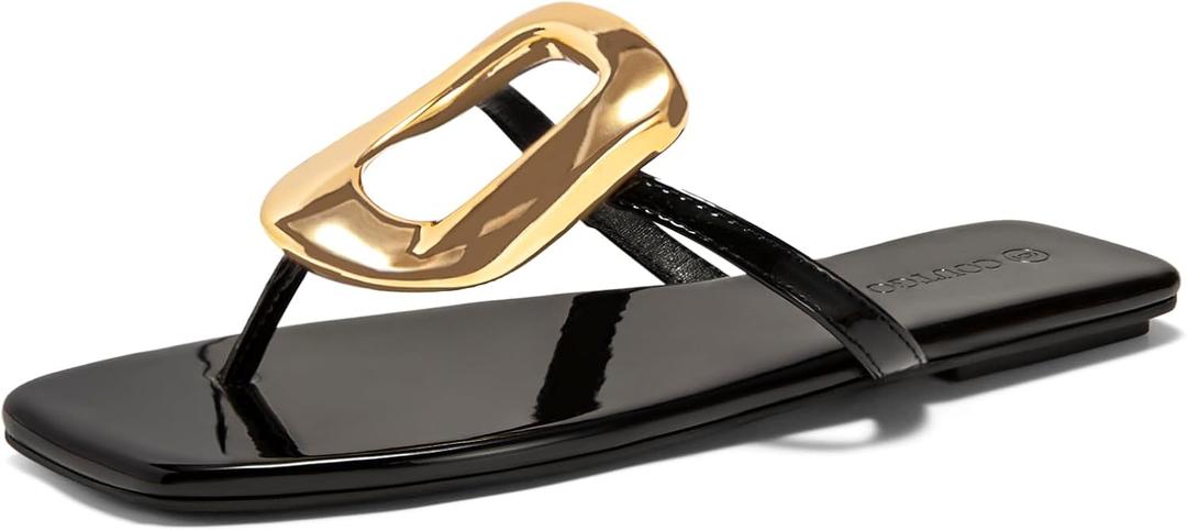 Coutgo Womens Flat Sandals Comfortable Flip Flops Slide Sandals Summer Beach Shoes with Metal Decoration (10, Black)