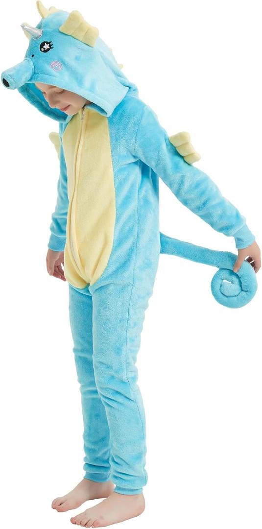 Kids Flannel Animal Onesie Costume Halloween Dress up Christmas for Girls and Boys (8 Years, Blue Seahorse)