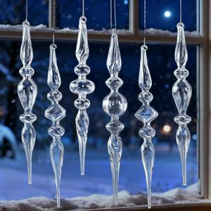 10 Inch Christmas Glass Finial Ornaments for Tree, 6Pcs Clear Glass Hanging Crystal Ornaments, Assorted Xmas Hanging Icicle Decor for Christmas Tree Winter Wonderland Wedding New Year Party Decor