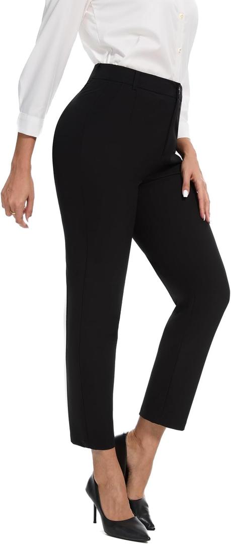 Women's High Waisted Dress Pants Straight Leg Business Trousers with Pockets Stretch Fabric for Office Work Casual (Black)