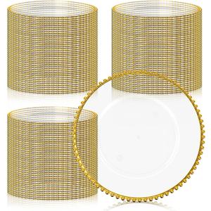 Clear Charger Plates Bulk 100, Round Plate Chargers with Gold Rim, large