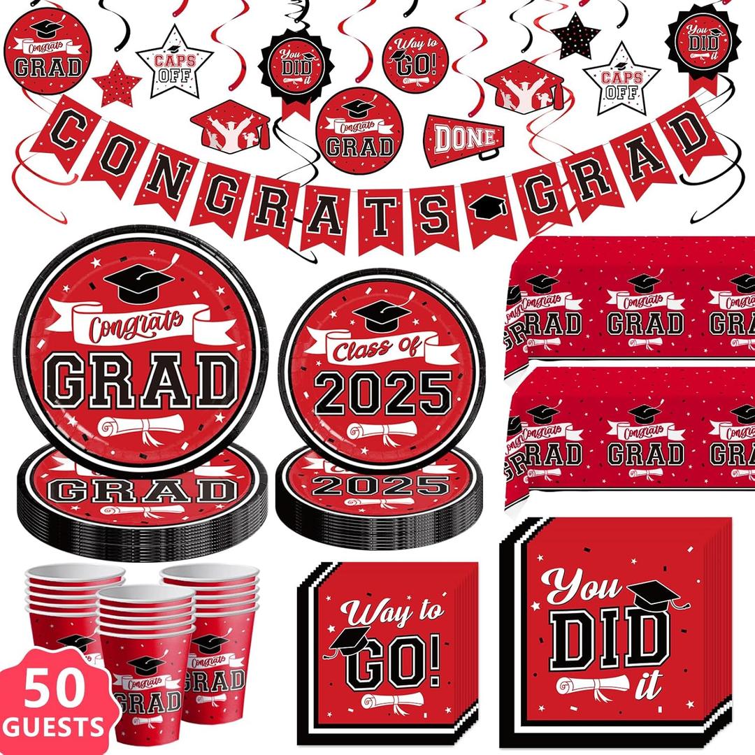DAZONGE Graduation Decorations 2025 Red and Black, Disposable Tableware Kit for 50 Guests, Plates, Napkins, Cups, Tablecloth and Hanging 2025 Graduation Party Decorations