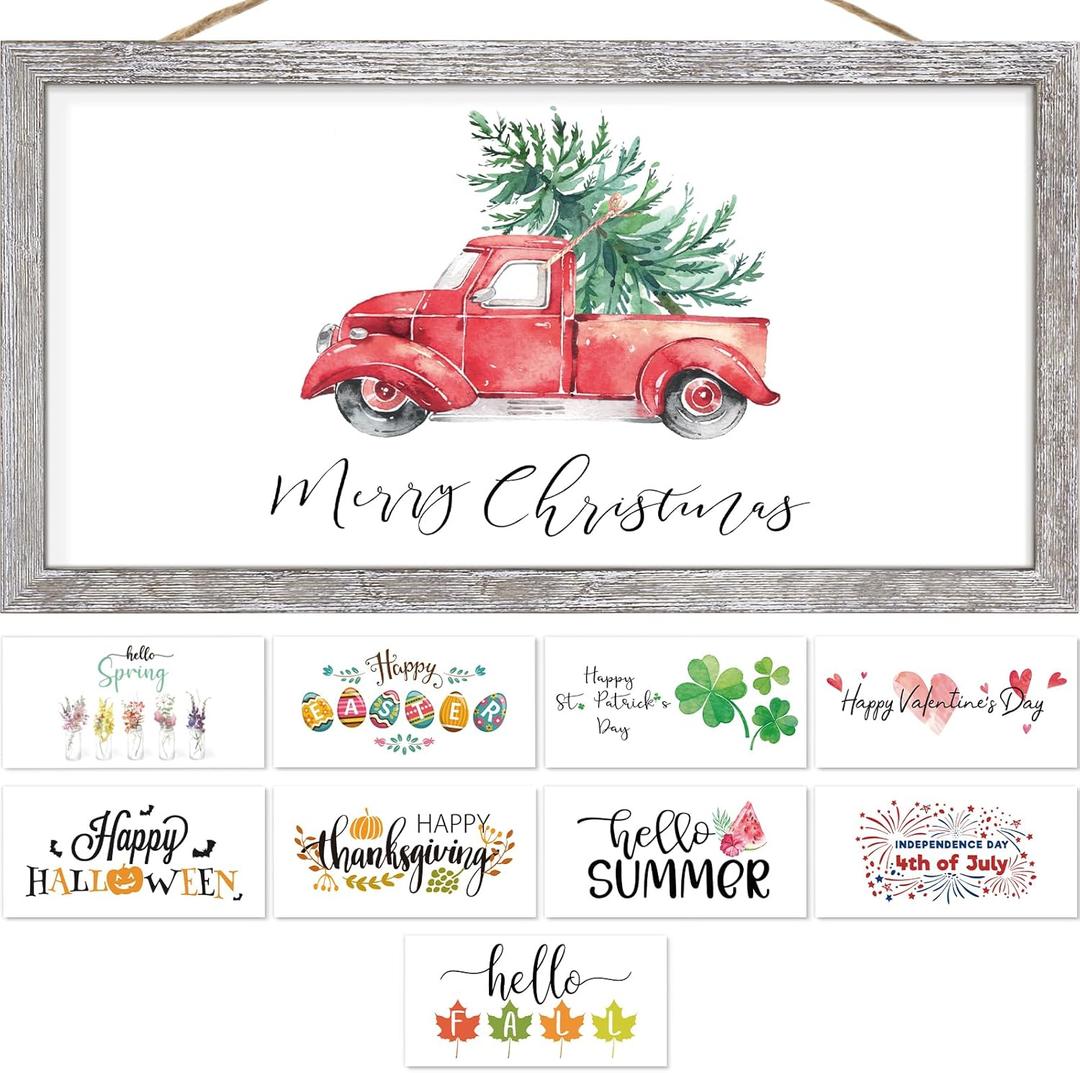Farmhouse Wall Decor Sign Christmas Decoration Indoor Christmas Wall Decor With 10 Interchangeable Holiday Sayings Merry Xmas Sign for Xmas Thanksgiving Rustic Home Decors Living Room Bedroom 9x17