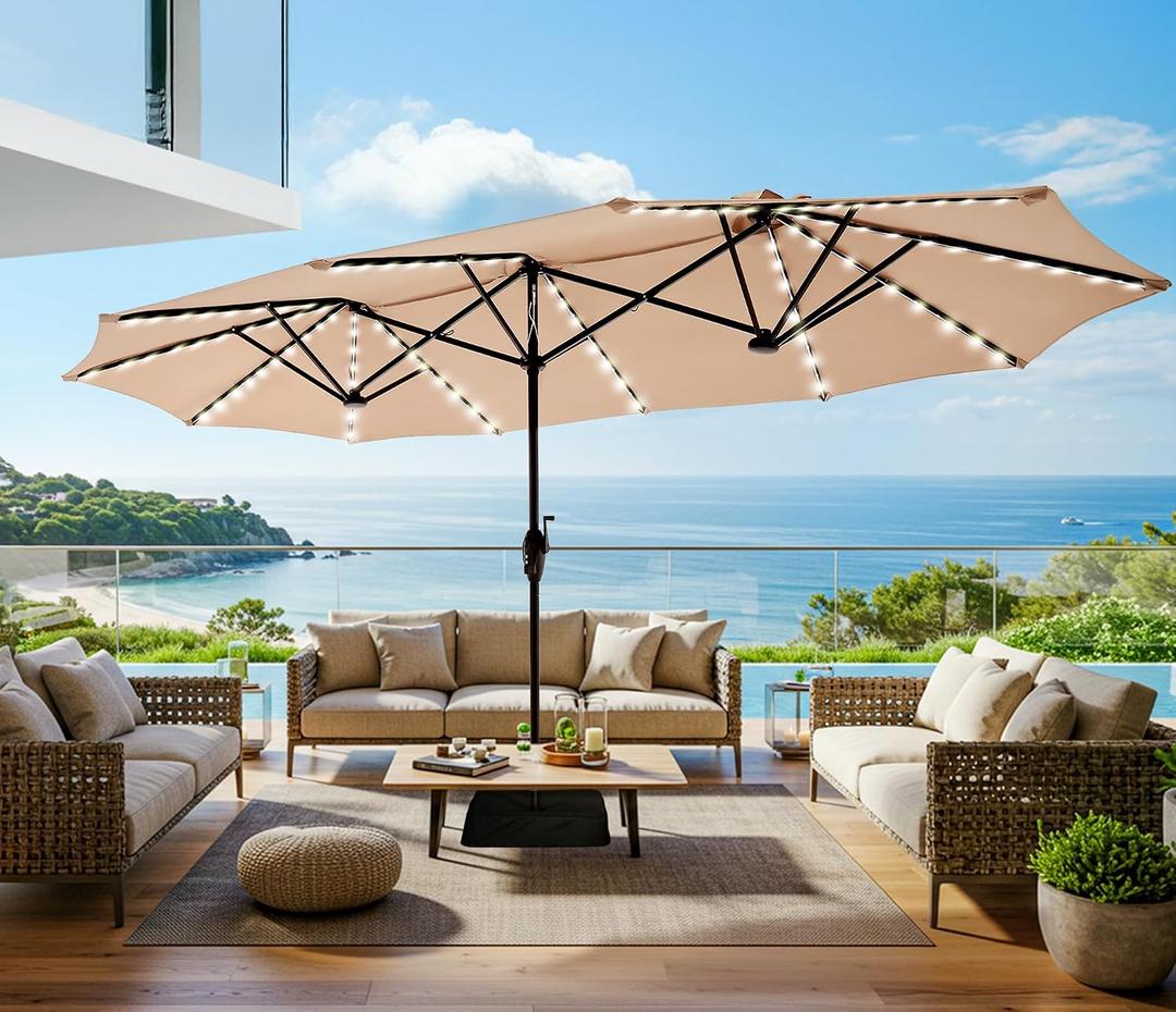 SUPERJARE 13ft Outdoor Patio Umbrella with Solar Lights, Double-sided Deck Pool Umbrella with 1.5 Inch Pole, Fade Resistant Canopy, 12 Sturdy Ribs, for Porch, Market, Backyard, Beige (No Base)