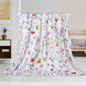 Watercolor Floral Throw Blanket Colorful Wildflower Blankets Botanical Plant Leaf Bed Blanket Flower Butterfly Flannel Fleece Throw Blanket for Couch “50x60”