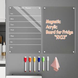 2 PCS 9"x13" Clear Weekly Meal Planner Magnetic Acrylic Board, Acrylic Magnetic Dry Erase Board for Fridge, Magnet Week Calendar for Refrigerator Includes 6 Colors Markers and Pen Container