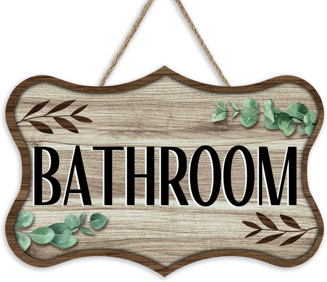 Bathroom Farmhouse Front Door Sign, Rustic Wood Hanger Toilet Restroom Washroom Home Decor, Eucalyptus Leaves Wooden Wreath Indoor Wall Hanging Decoration