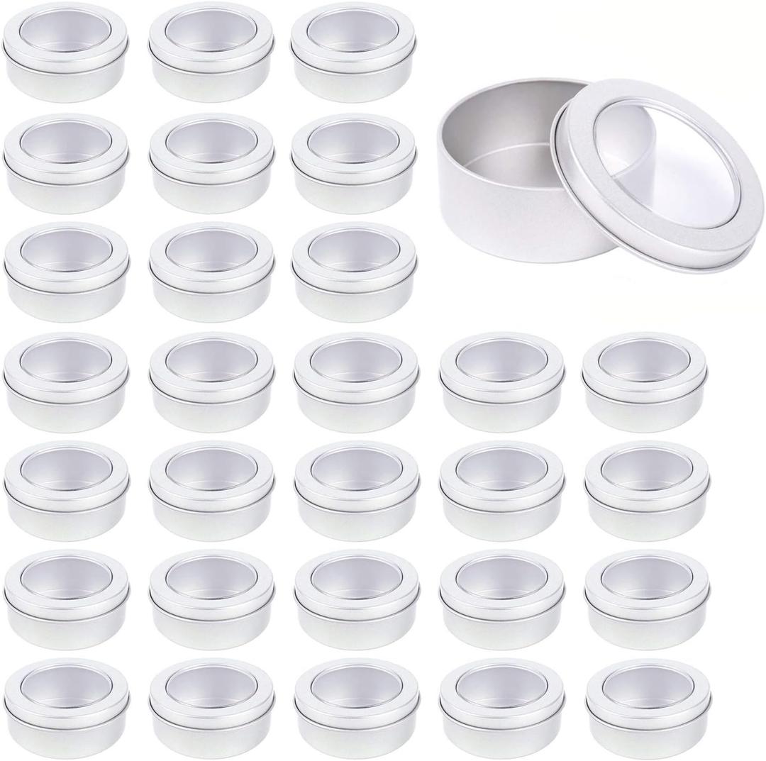 Metal Tin Cans - 2 Ounce Round Empty Containers with Clear Top for Cosmetics Crafts Food Storage Party Favors (30)