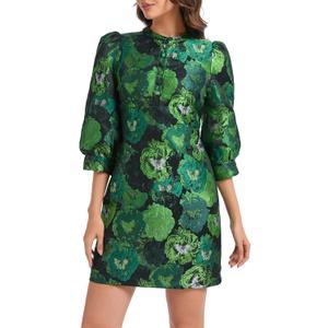 Ladyful Women's Floral Jacquard Shift Dress 2025 Long Puff Sleeve Button Up Elegant Cocktail Party Mini Dress (Medium, Green)