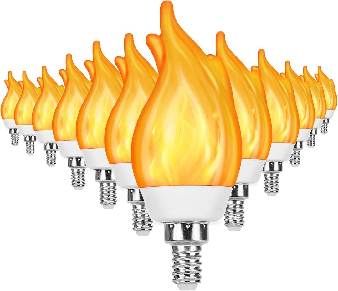 Upgrade E12 Flame Bulbs 12 Pack, 3 Mode LED Candelabra 2.0 Watt Warm White Chandelier 1800k Candle Light Bulbs, Flame Tip for Christmas Party Decorations