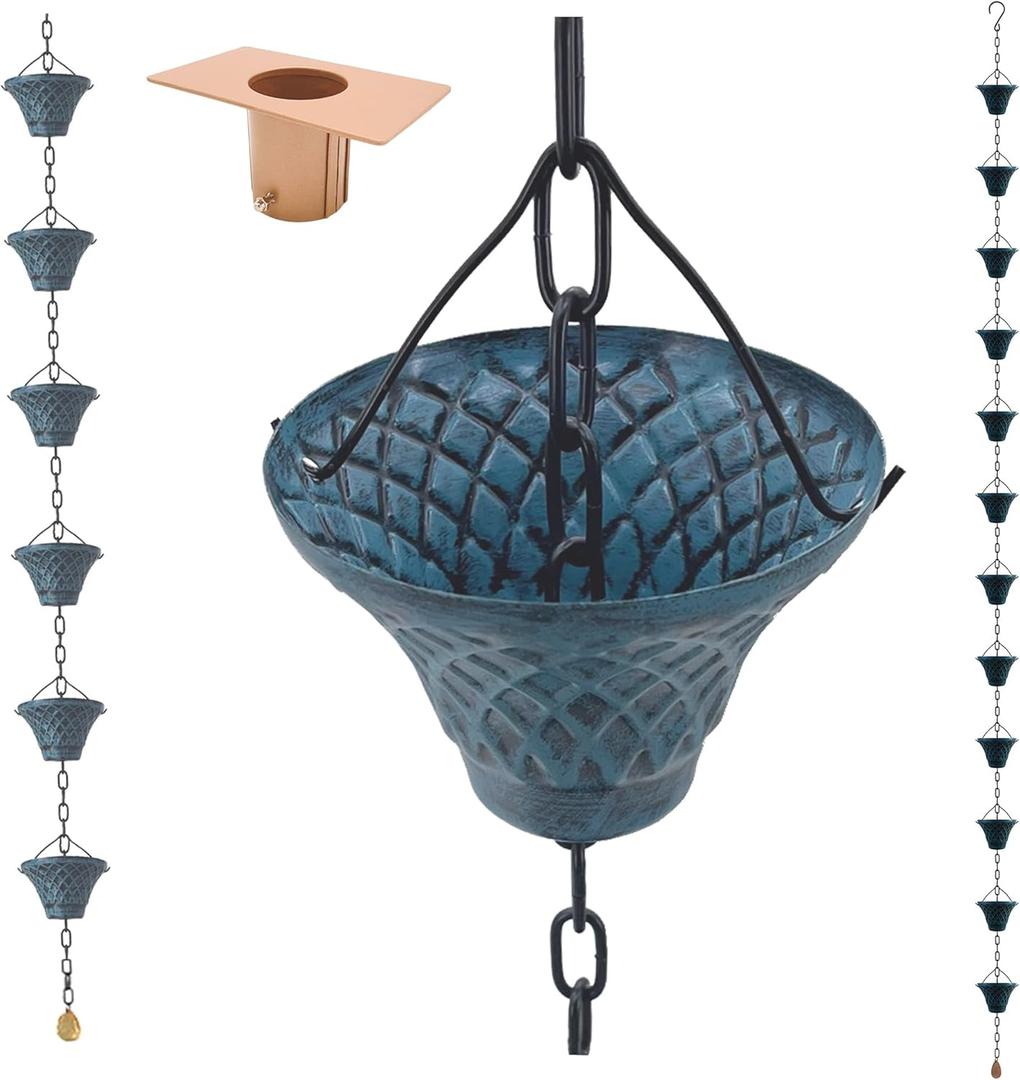 [Upgraded] 8.5FT Sky Blue Iron(Both-Sided) Rain Chains for Gutter and Rain Barrel, Rust-Resistant Plated Garden Dcor Rain Chain for Downspout, W/Rain Chain Gutter Adapter, Earrings for House