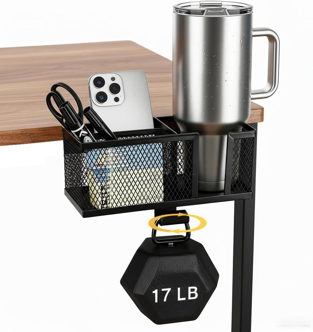 4 in 1 Metal Clip On Cup Holder Attachment for Gaming Desk or Table, Sturdy and Easy to Clamp, Attachable Anti-Spill Cup Holder for Salon Chair, Bedside, Water Bottles, Drinks, Headphones - Black