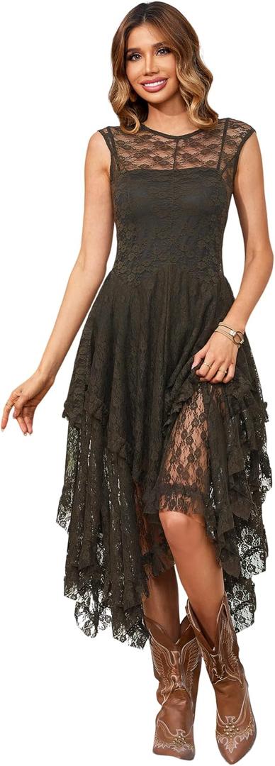 R.Vivimos Womens Lace Long Dress with Slip Two Pieces (Black, XL)