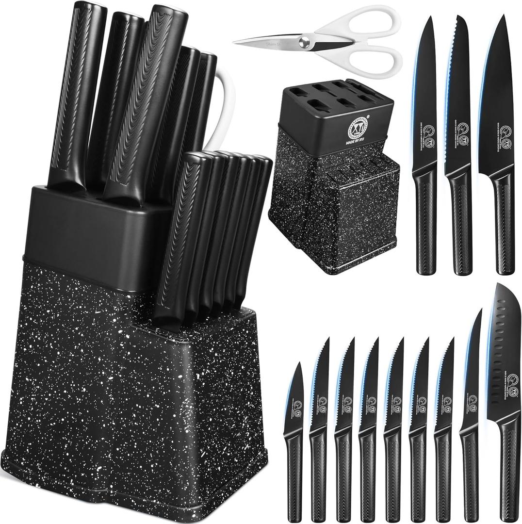 XYJ Knife Block Set, Kitchen Knives Set with Holder, Professional Japanese Chef Knife Set with Non-slip Ergonomic Handle, Stainless Steel Paring Slicing Bread Chefs Knives (15 in 1, Black)