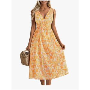 DIRASS 100% Rayon Summer Spring Dresses Drawstrings Tie Waist Smocked Floral Midi Dress with Pockets, Size XL