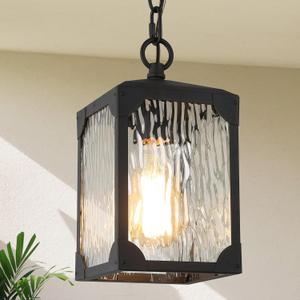 Outdoor Pendant Light Fixture, Farmhouse Exterior Hanging Lights with Adjustable Chain, Black Ceiling Outdoor Light with Water Ripple Glass, Anti-Rust Lantern for Front Door, Entry, Porch, and Gazebo