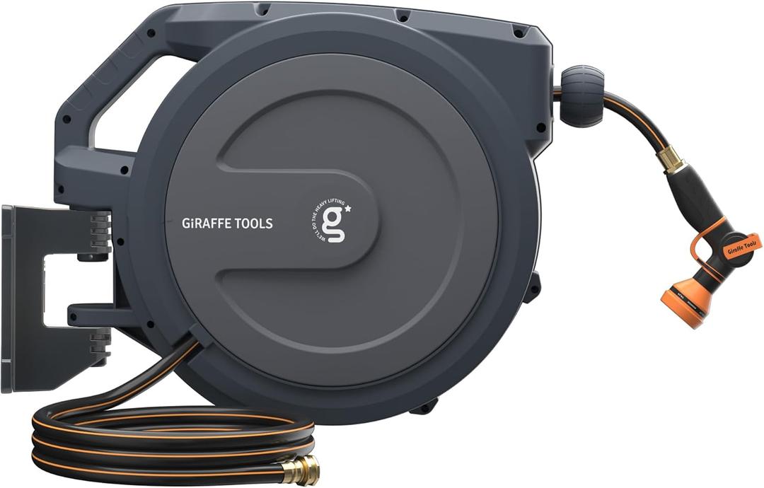 Giraffe Tools AW30 1/2MB Retractable Garden Hose Reel 1/2" x 100 ft PRO Metal Bracket, Heavy Duty, Any Length Lock Hose Reel, 100ft, Dark Grey