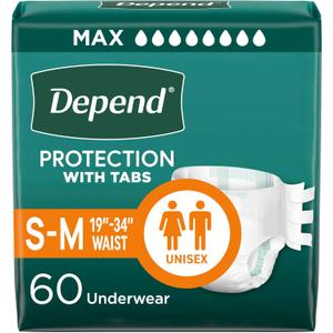 Depend Incontinence Protection with Tabs, Unisex, Small/Medium (1934" Waist, Up To 170 lbs), Maximum Absorbency, Count of 60 (Pack of 3)