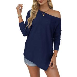 Tankaneo Womens Off The Shoulder Tops Casual Long Sleeve T Shirts Irregular Hem Split Tunics Loose Fall Blouse Shirt (Blue, M)