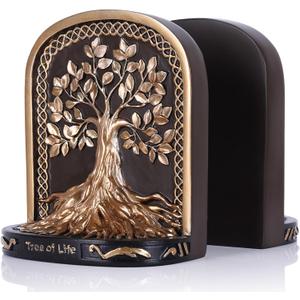 Tree of Life Bookends, Black Gold 2 Non-Skid Heavy Decorative Bookends for Shelves Or Bookcase, Elegant Bookends for Library Office Decor, Home Décor Gift
