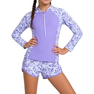 Teen Girls Tankini Swimsuit Long Sleeve Printed Two-Piece Swimwear Summer Bathing Suit (15-16 Years, Purple)