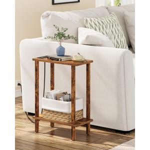 TUTOTAK Small End Table with Charging Station, Narrow Side Table with USB Ports and Outlets, Skinny Sofa Table, Slim Nightstand, Living Room, Bed Room, Pure Brown TB01BB060C (2-Tier7.9"D x 15.8"W x 22.5"H)