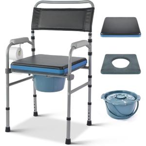 Folding Bedside Commode, Height Adjustable Toliet Chair for Seniors with Padded Seat and Arms, Portable Potty Shower Chair for Elderly Handicap Adult