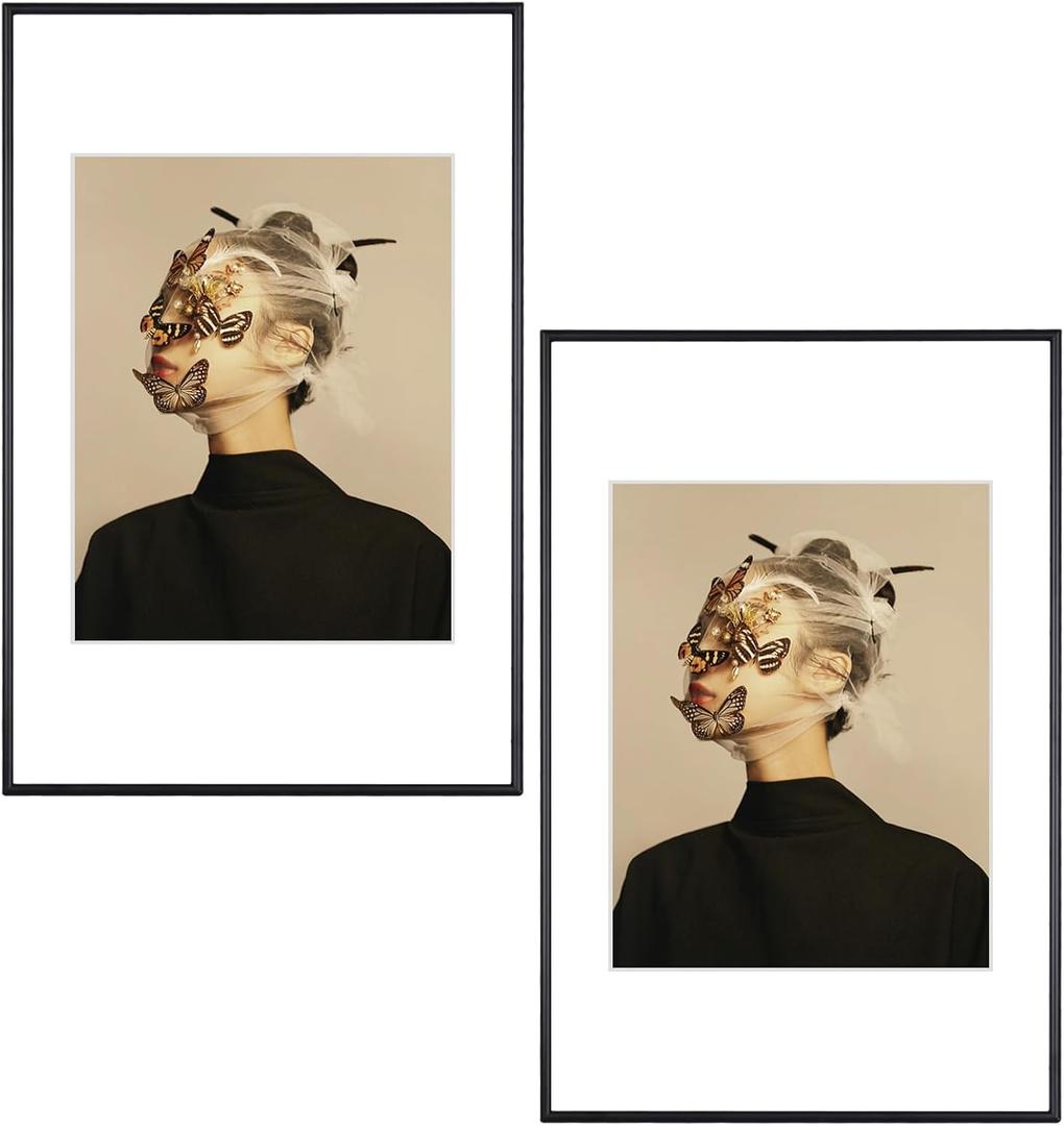 11x17 Picture Frame Set of 2, Matted Black Modern Aluminum Metal Photo Frame, Fits 8.5x11 with Mat or 11 x 17 without Mat, Vertical and Horizontal Wall Mounting