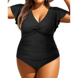 Aqua Eve Plus Size One Piece Swimsuit with Sleeve Tummy Control Bathing Suit Ruffle Vintage Swimwear Black 22W