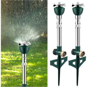 2 Pcs Garden Lawn Sprinkler for Yard, Above Ground Tall Metal Water Sprinkler System Brass Impact with Heavy Duty Spike Base for Large Area(Green)