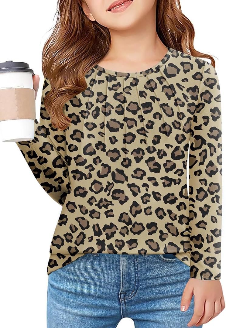 Arshiner Girls Pleated Long Sleeve Shirts Crewneck Casual Fashion Tops Blouse Tee (10-11 Years, Leopard)