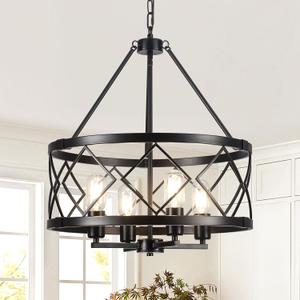 4-Light Farmhouse Chandeliers for Dining Room Light Fixture, Modern Black Farmhouse Chandelier Kitchen Island Lighting, Rustic Chandelier Drum Light Fixture for Bedroom Living Room Foyer Entryway