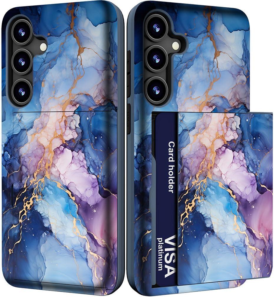 Compatible for Samsung Galaxy S24 & S25 Case Cute with Card Holder/Slim Slot Wallet Phone Cover for Women/Blue Purple Marble Natural Stone Swirls Painting Abstract