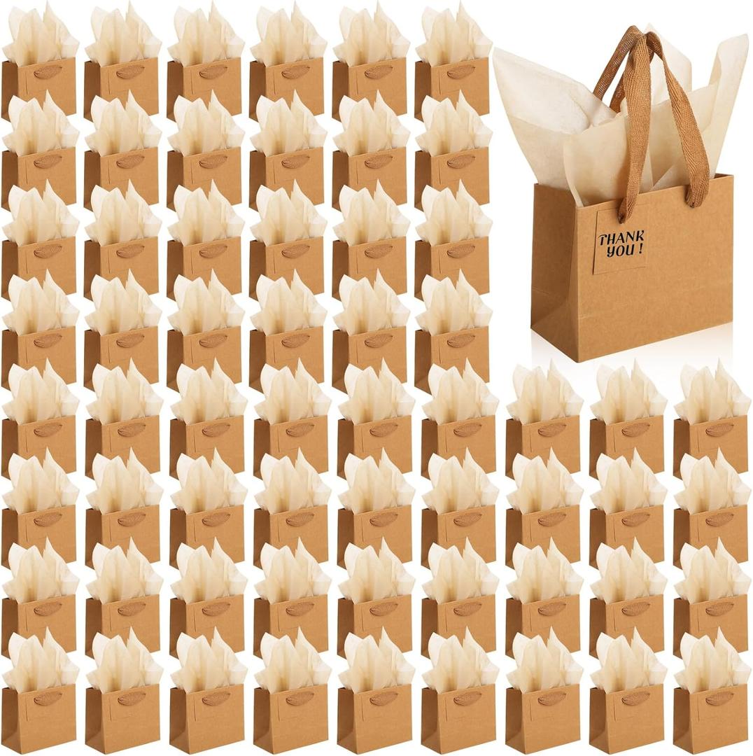 Qilery 50 Pcs Valentine Mini Paper Gift Bags Bulk with Tissue Paper Small Gift Bags with Handle and Tags for Birthday Wedding Galentine Mothers' Day Party Business(Brown,4.7 x 2.4 x 3.9'')
