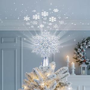 Brightown Christmas Tree Topper with Built-in 3D Glitter Led Snowflake Projector Lights, Silver Hexagonal Snowflake Tree Toppers Christmas Decorations Indoor for Xmas New Year Party Holiday