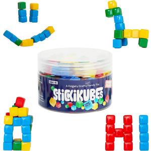 KOMARC GAMES StickiKubes, Mini Stacking Cubes That Stick to Anything, Non Toxic Kid Safe Sticky Blocks, Creative Construction Toy - 125 Cubes, 4 Colors, Tub (Rainbow)