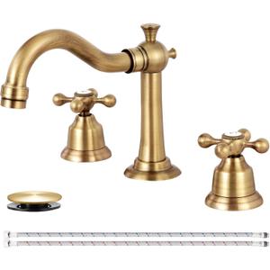 KZH Antique Brass Bathroom Faucet 3 Hole, 8 inch Widespread Bathroom Faucet with Pop Up Drain, Bathroom Sink Faucet, 2 Handle Vanity Faucet with Water Supply Hoses