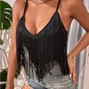 Women's Sleeveless Fringe Camisole Tops V Neck Spaghetti Strap Summer Cami Shirts (Large, Black)