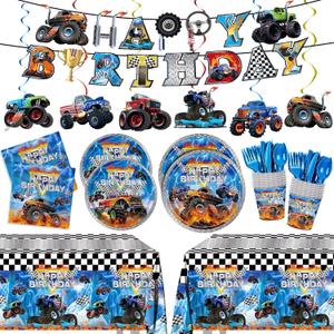 177pcs Monster Truck Plates Napkins Birthday Decorations Disposable Tableware Set Include Plates, Napkins, Cups, Cutlery, Banner, Hanging Swirls, Tablecloth for Monster Truck Party Supplies Serve 24