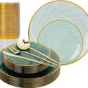 N9R 180 PCS Disposable Dinnerware Set with Gold Rim for 30 Guests,Green Plastic Plates Include 30 Dinner Plate, 30 Dessert Plates, 30 Cups, 90 Heavy Duty Gold Plastic Silverware for Party & Wedding