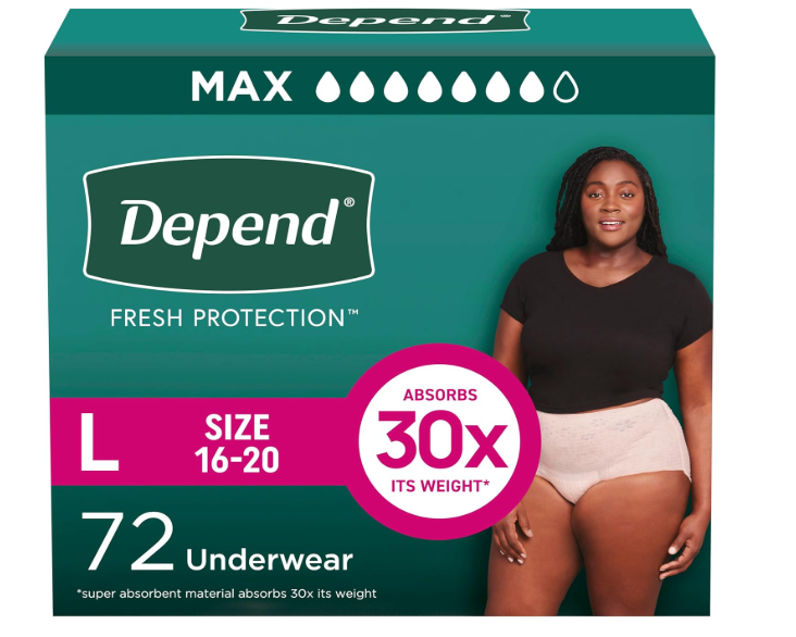 Depend Fresh Protection Adult Diapers, Incontinence & Postpartum Bladder Leak Underwear for Women, Disposable, Maximum, Large, Blush, 72 Count (2 Packs of 36)